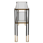 Console de table en noir mat et or brossé avec étagères en verre