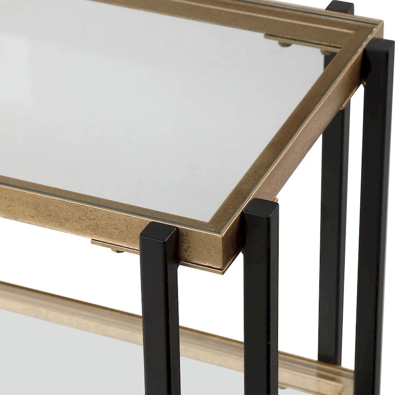 Console de table en noir mat et or brossé avec étagères en verre