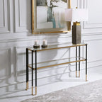 Console de table en noir mat et or brossé avec étagères en verre