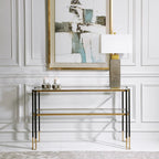 Console de table en noir mat et or brossé avec étagères en verre