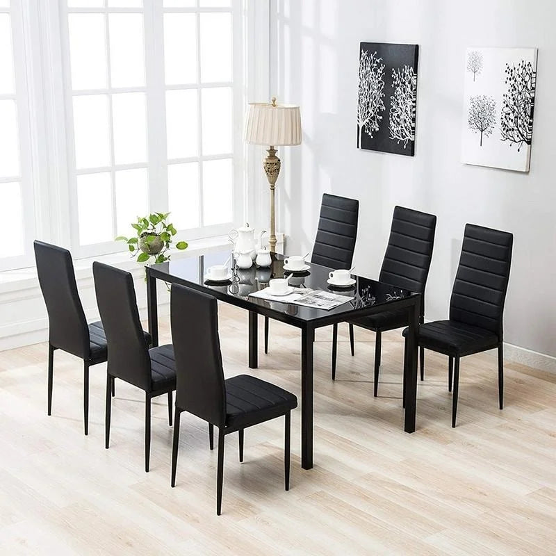 Ensemble de salle à manger 7 pièces noir avec table en verre trempé, pour 6 personnes