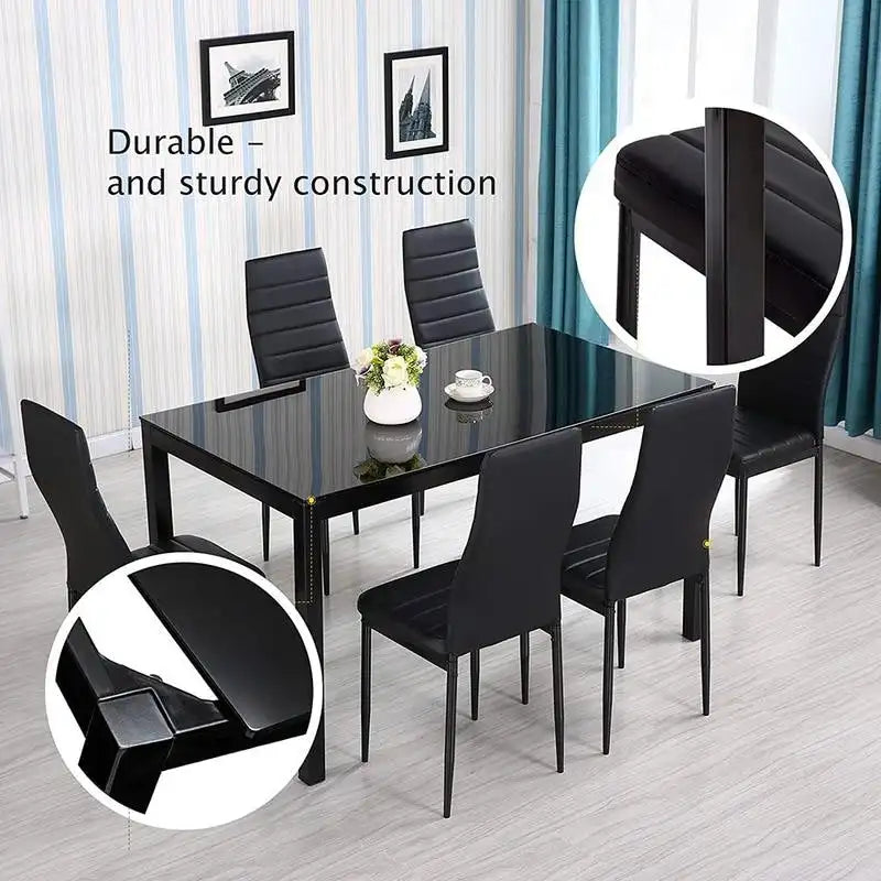 Ensemble de salle à manger 7 pièces noir avec table en verre trempé, pour 6 personnes