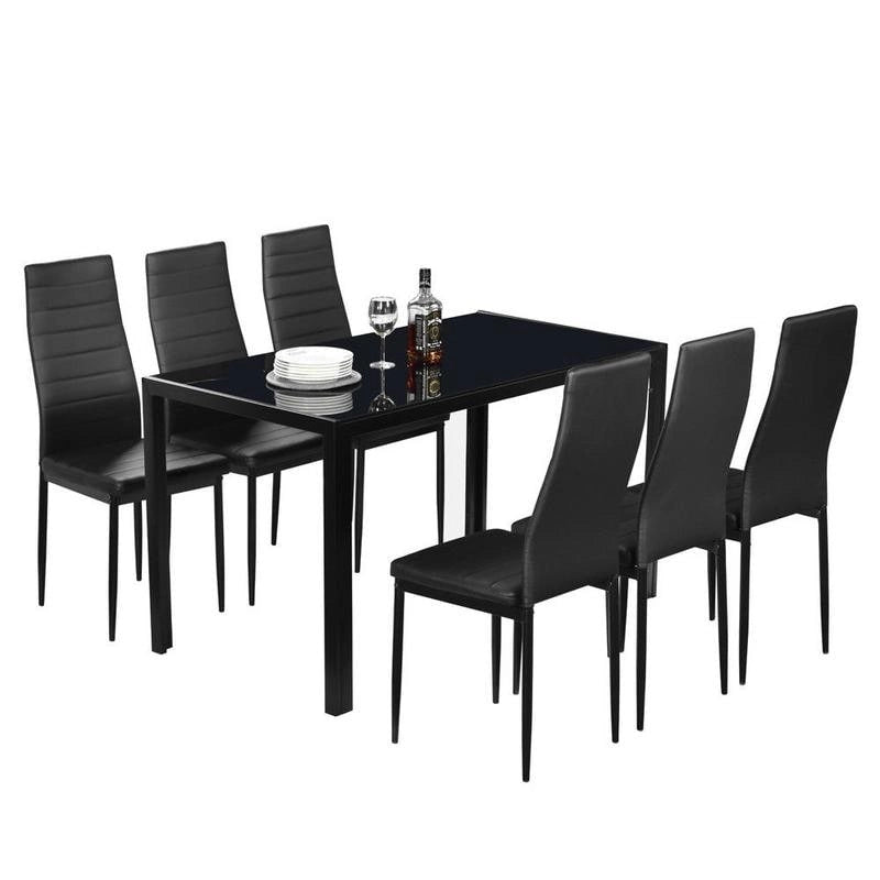 Ensemble de salle à manger 7 pièces noir avec table en verre trempé, pour 6 personnes