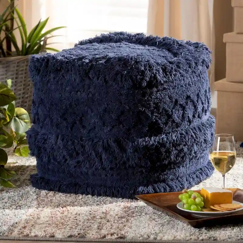 Pouf marocain / Repose-pieds marocain bleu marine, ivoire et orange pour 1 personne