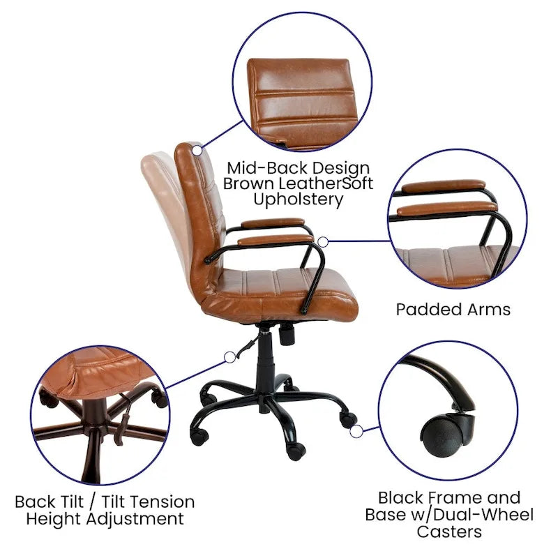 Chaise de bureau pivotante à dossier mi-haut, Leathersoft, plusieurs couleurs et piètements, unité