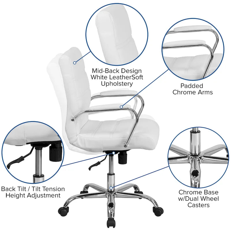 Chaise de bureau pivotante à dossier mi-haut, Leathersoft, plusieurs couleurs et piètements, unité