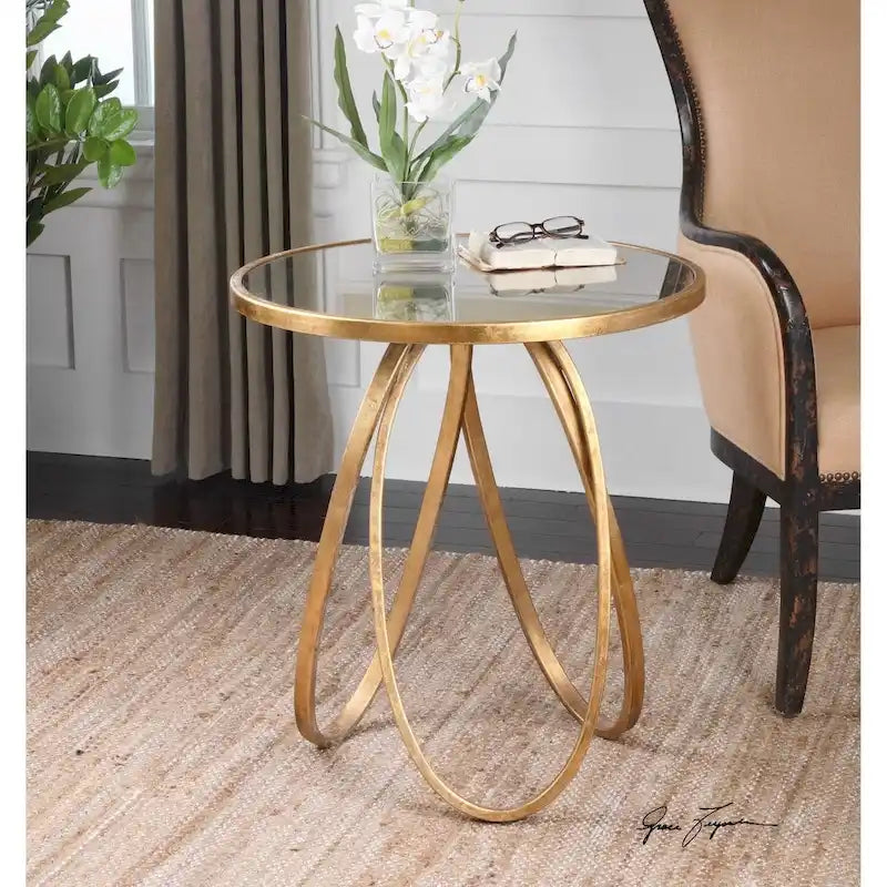 Table d'appoint ronde Gold Leaf avec plateau miroir vieilli