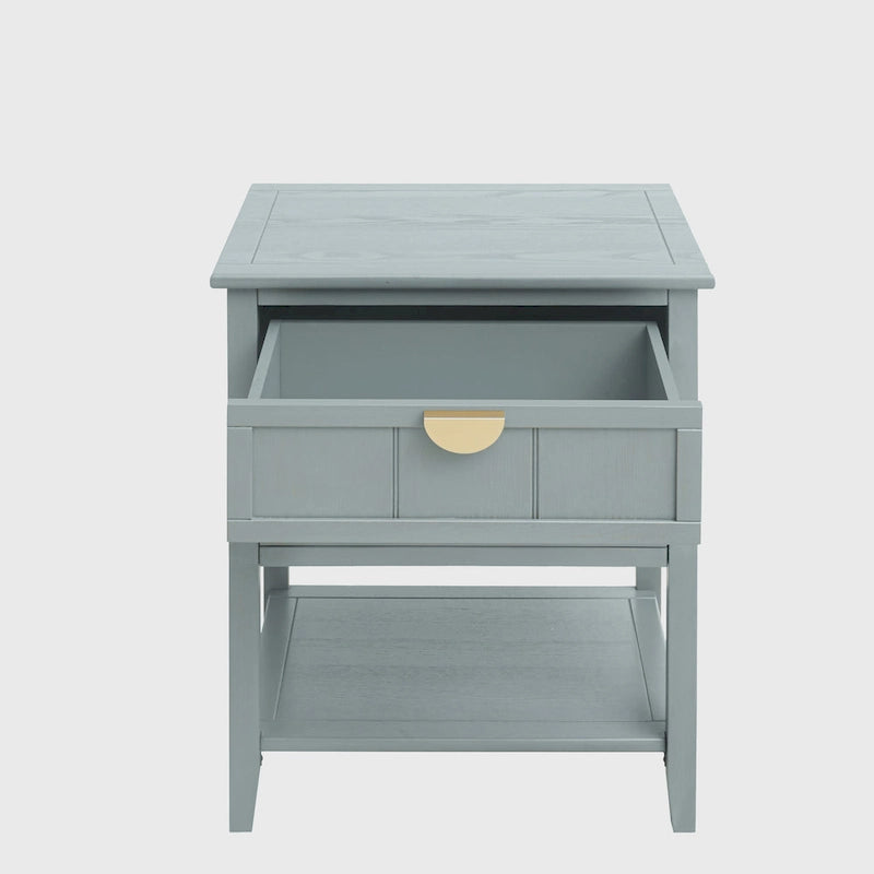 Table de chevet à 2 tiroirs gris/vert olive, montage par 1 personne
