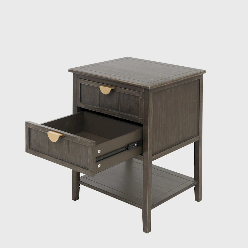 Table de chevet à 2 tiroirs gris/vert olive, montage par 1 personne