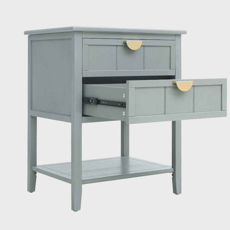 Table de chevet à 2 tiroirs gris/vert olive, montage par 1 personne