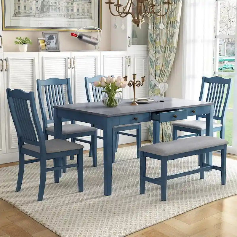 Salle à manger 6 pièces du milieu du siècle, bleue et grise, pour 5 personnes