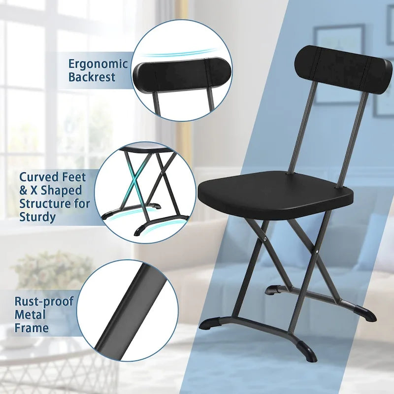 Lot de 4 chaises pliantes blanches/noires, structure en acier avec dossier ergonomique