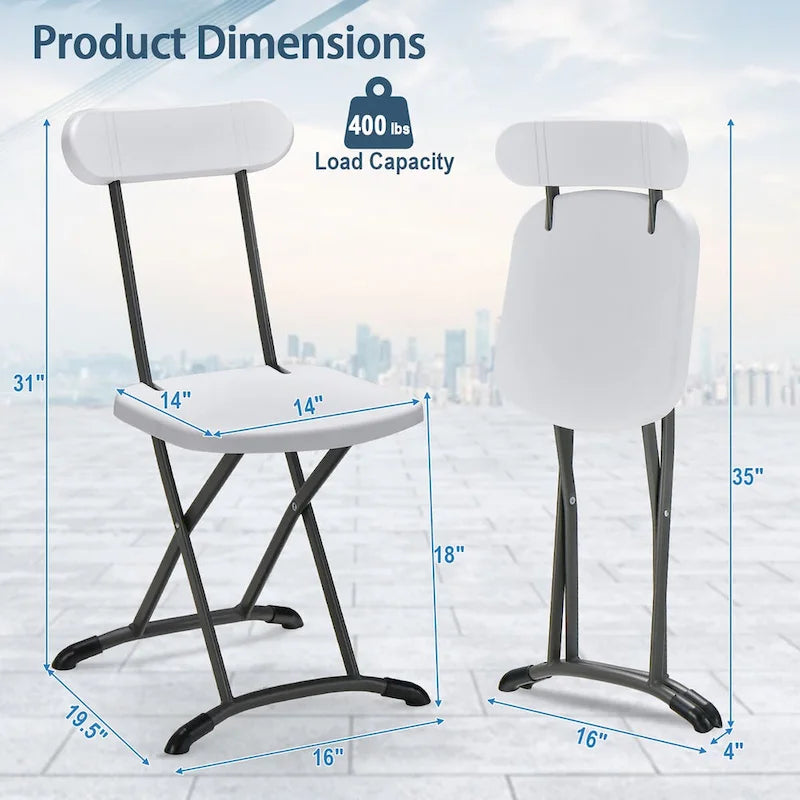 Lot de 4 chaises pliantes blanches/noires, structure en acier avec dossier ergonomique