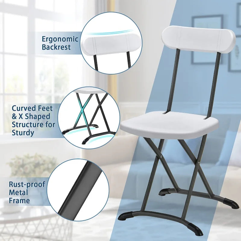 Lot de 4 chaises pliantes blanches/noires, structure en acier avec dossier ergonomique