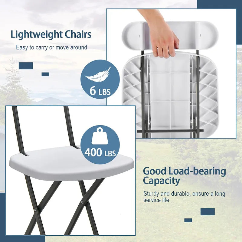 Lot de 4 chaises pliantes blanches/noires, structure en acier avec dossier ergonomique