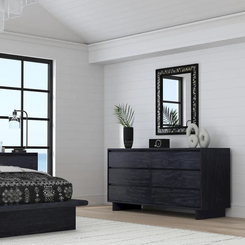 Commode 6 tiroirs, noir délavé / noyer brun / chêne clair, panneau de bois
