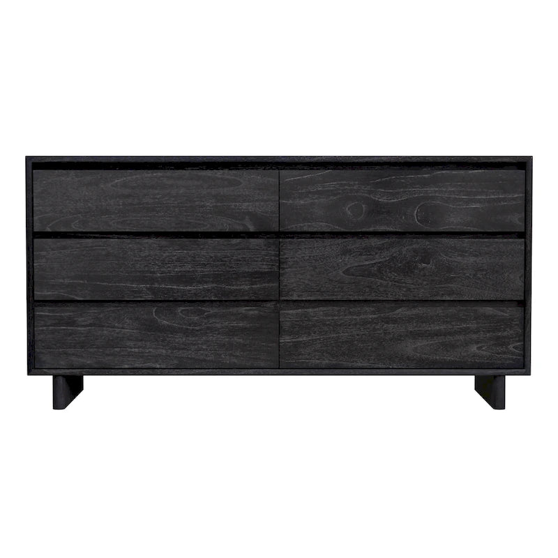 Commode 6 tiroirs, noir délavé / noyer brun / chêne clair, panneau de bois