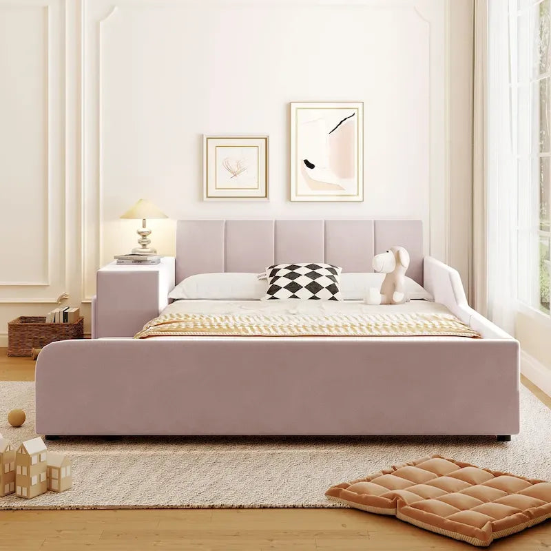 Lit plateforme en velours avec bureau et tabouret, beige/gris/rose, 2 personnes