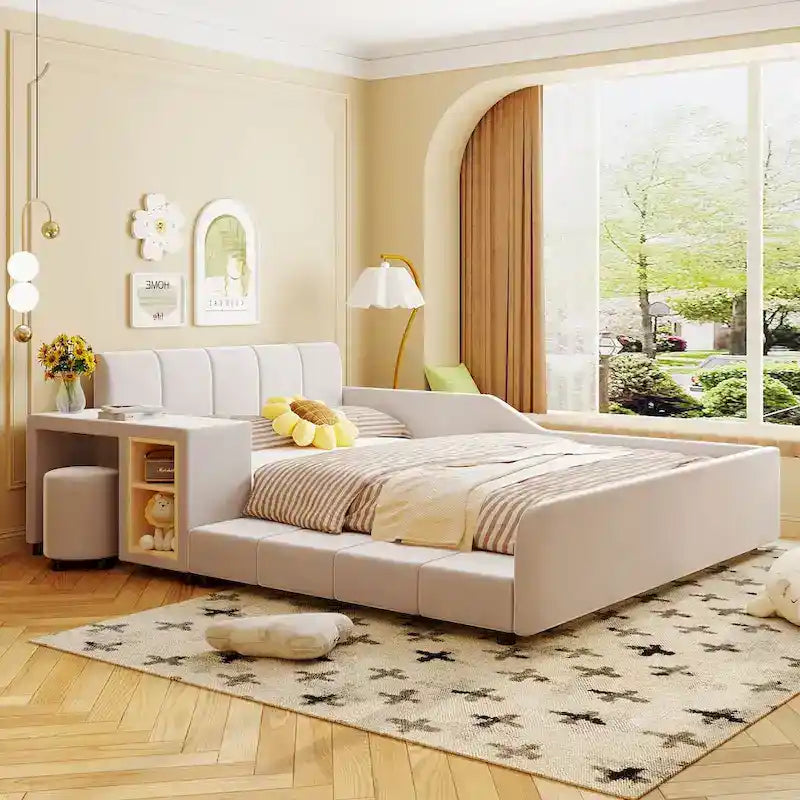 Lit plateforme en velours avec bureau et tabouret, beige/gris/rose, 2 personnes