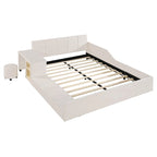 Lit plateforme en velours avec bureau et tabouret, beige/gris/rose, 2 personnes