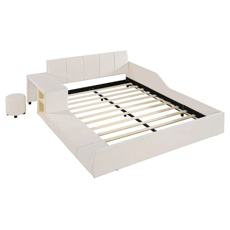 Lit plateforme en velours avec bureau et tabouret, beige/gris/rose, 2 personnes