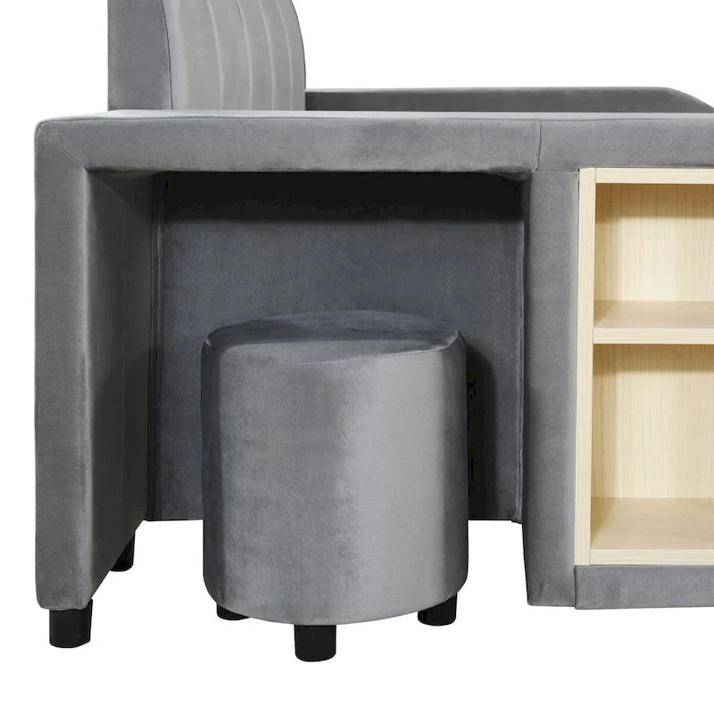Lit plateforme en velours avec bureau et tabouret, beige/gris/rose, 2 personnes