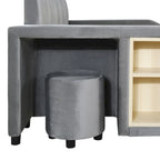 Lit plateforme en velours avec bureau et tabouret, beige/gris/rose, 2 personnes