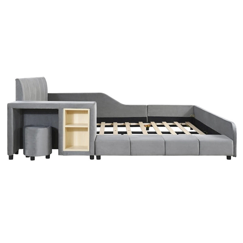 Lit plateforme en velours avec bureau et tabouret, beige/gris/rose, 2 personnes