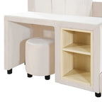 Lit plateforme en velours avec bureau et tabouret, beige/gris/rose, 2 personnes