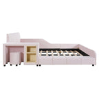 Lit plateforme en velours avec bureau et tabouret, beige/gris/rose, 2 personnes