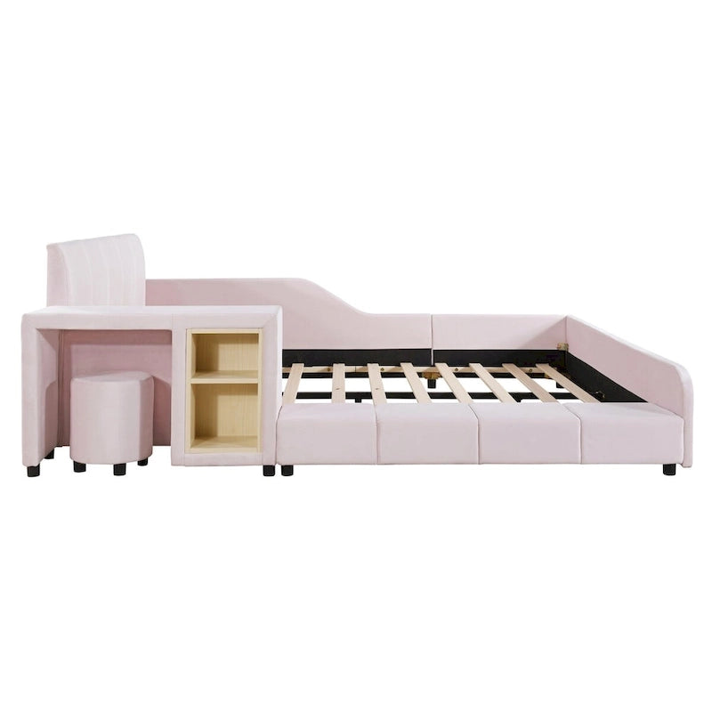 Lit plateforme en velours avec bureau et tabouret, beige/gris/rose, 2 personnes