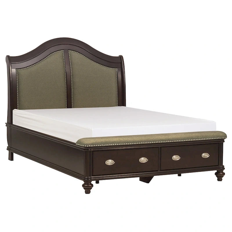 Lit traîneau queen beige et marron avec pied de lit de rangement, 2 couchages