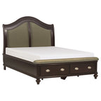 Lit traîneau queen beige et marron avec pied de lit de rangement, 2 couchages