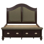 Lit traîneau queen beige et marron avec pied de lit de rangement, 2 couchages