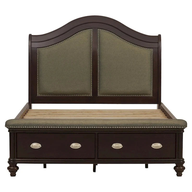 Lit traîneau queen beige et marron avec pied de lit de rangement, 2 couchages