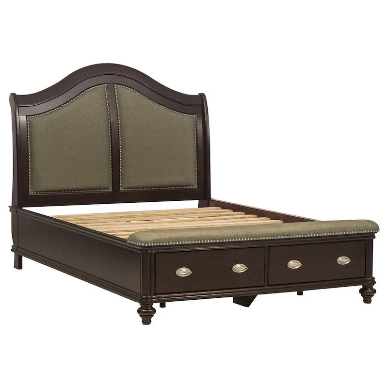Lit traîneau queen beige et marron avec pied de lit de rangement, 2 couchages