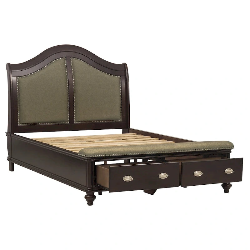 Lit traîneau queen beige et marron avec pied de lit de rangement, 2 couchages