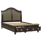 Lit traîneau queen beige et marron avec pied de lit de rangement, 2 couchages
