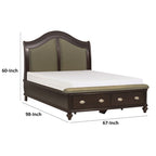 Lit traîneau queen beige et marron avec pied de lit de rangement, 2 couchages