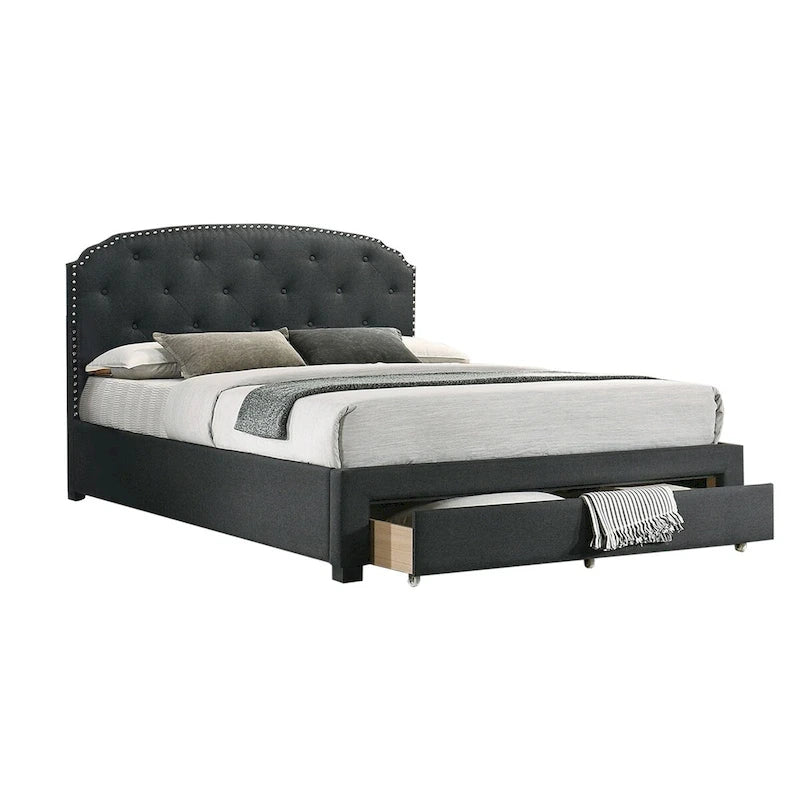Lit king-size capitonné en tissu gris anthracite avec tiroir, 2 places