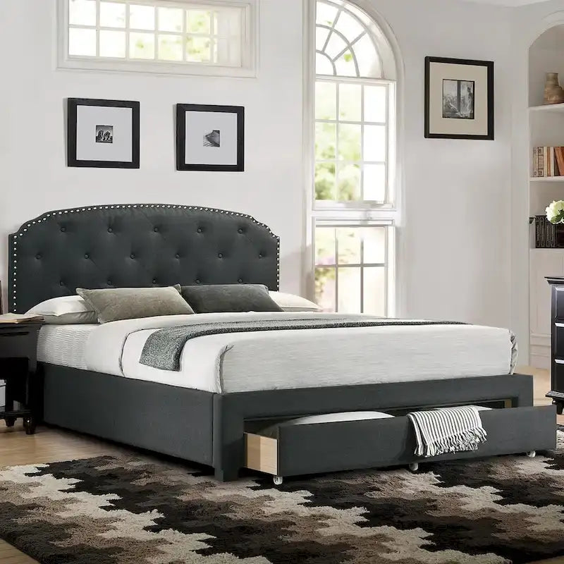 Lit king-size capitonné en tissu gris anthracite avec tiroir, 2 places