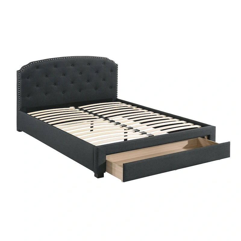 Lit king-size capitonné en tissu gris anthracite avec tiroir, 2 places