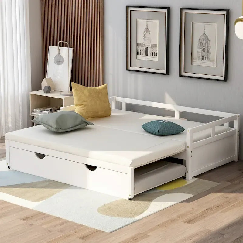 Lit de repos en bois avec lit gigogne escamotable, de une à deux places (format simple à grand lit)