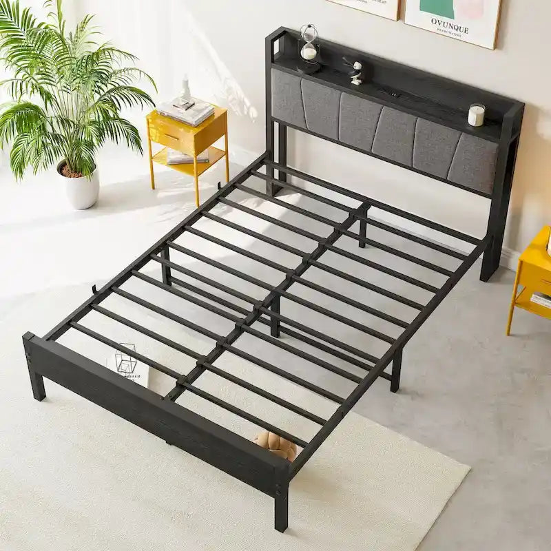 Cadre de lit double noir avec tête de lit de rangement et station de recharge, pour 1 à 2 personnes