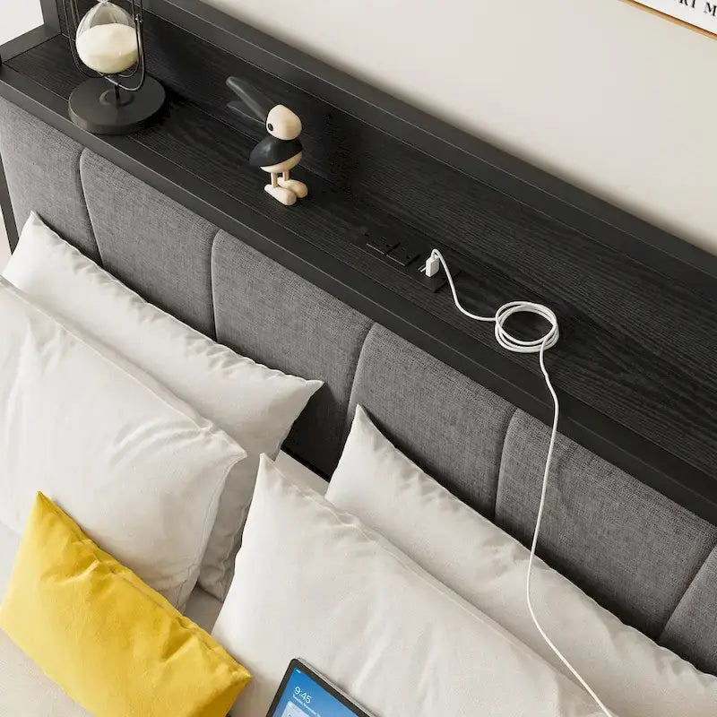 Cadre de lit double noir avec tête de lit de rangement et station de recharge, pour 1 à 2 personnes