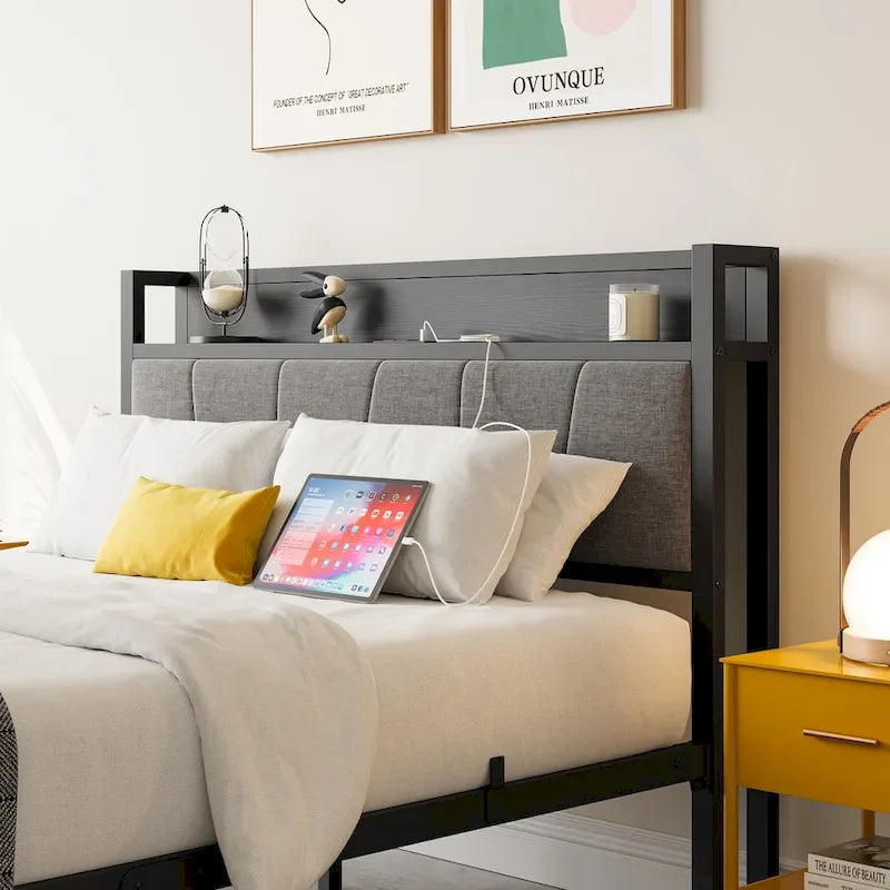 Cadre de lit double noir avec tête de lit de rangement et station de recharge, pour 1 à 2 personnes