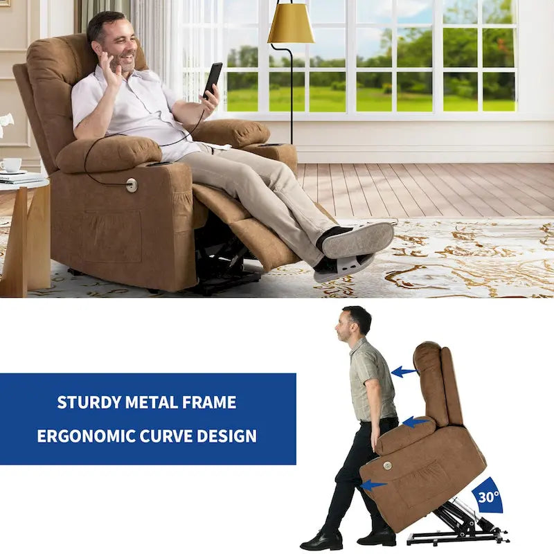 Fauteuil inclinable releveur en flanelle gris et marron, pour 1 personne