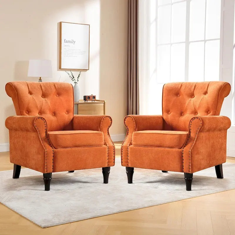 Fauteuil rembourré capitonné à accoudoirs roulés, motifs floraux et unis, avec garniture cloutée, une place, lot de 2