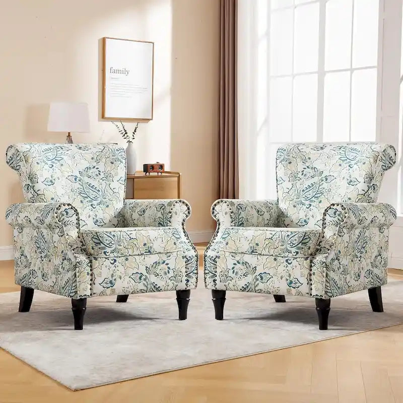 Fauteuil rembourré capitonné à accoudoirs roulés, motifs floraux et unis, avec garniture cloutée, une place, lot de 2