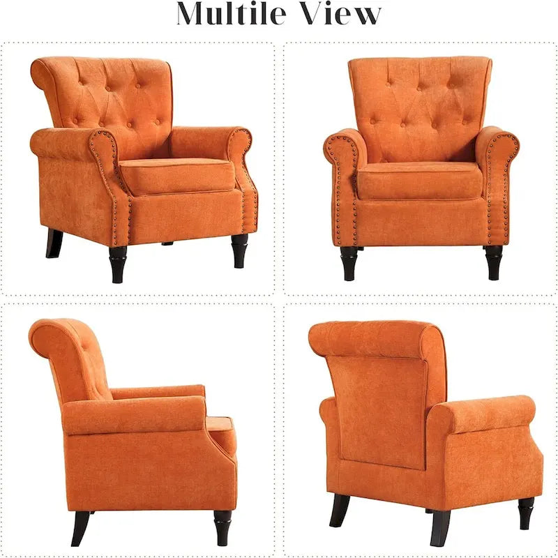 Fauteuil rembourré capitonné à accoudoirs roulés, motifs floraux et unis, avec garniture cloutée, une place, lot de 2